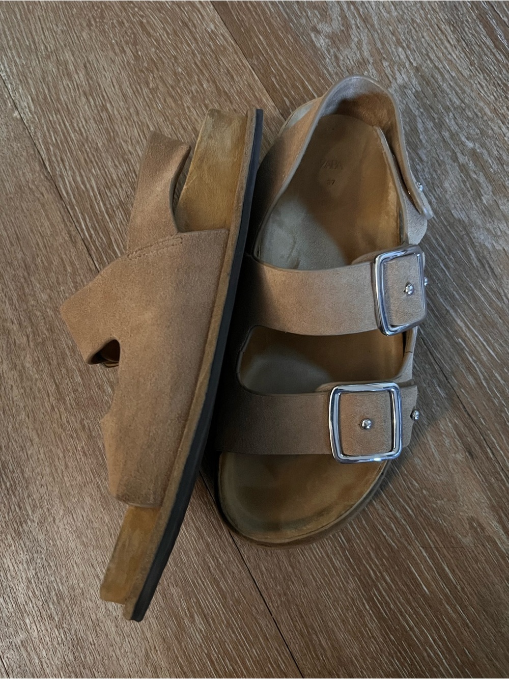 Zara Suede Double-Buckle Slide Sandals in Taupe - Picture 4 of 5